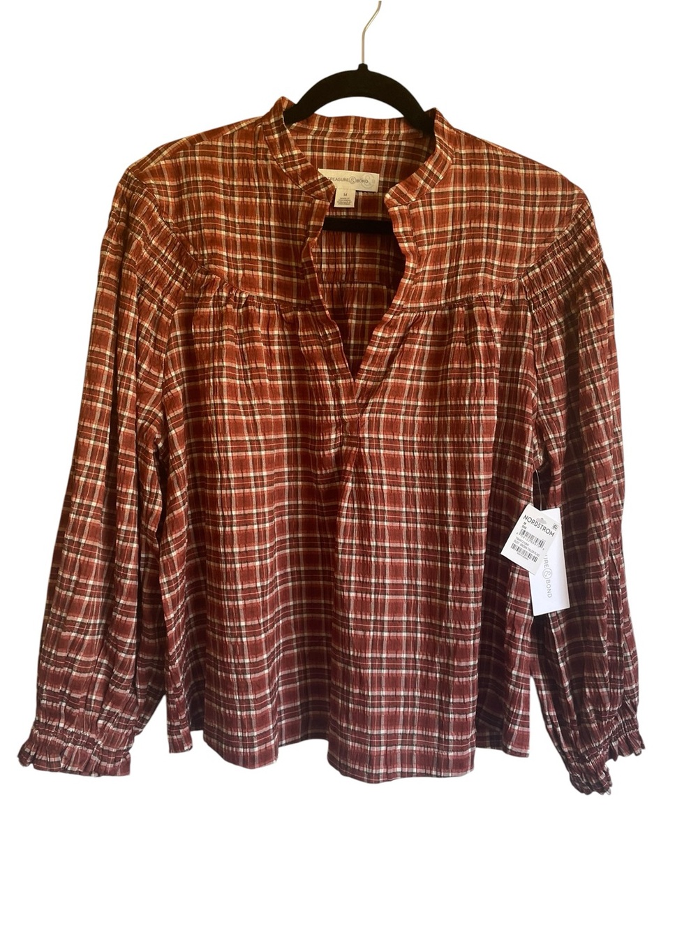 Treasure & Bond Rust Plaid Peasant Blouse Medium NWT